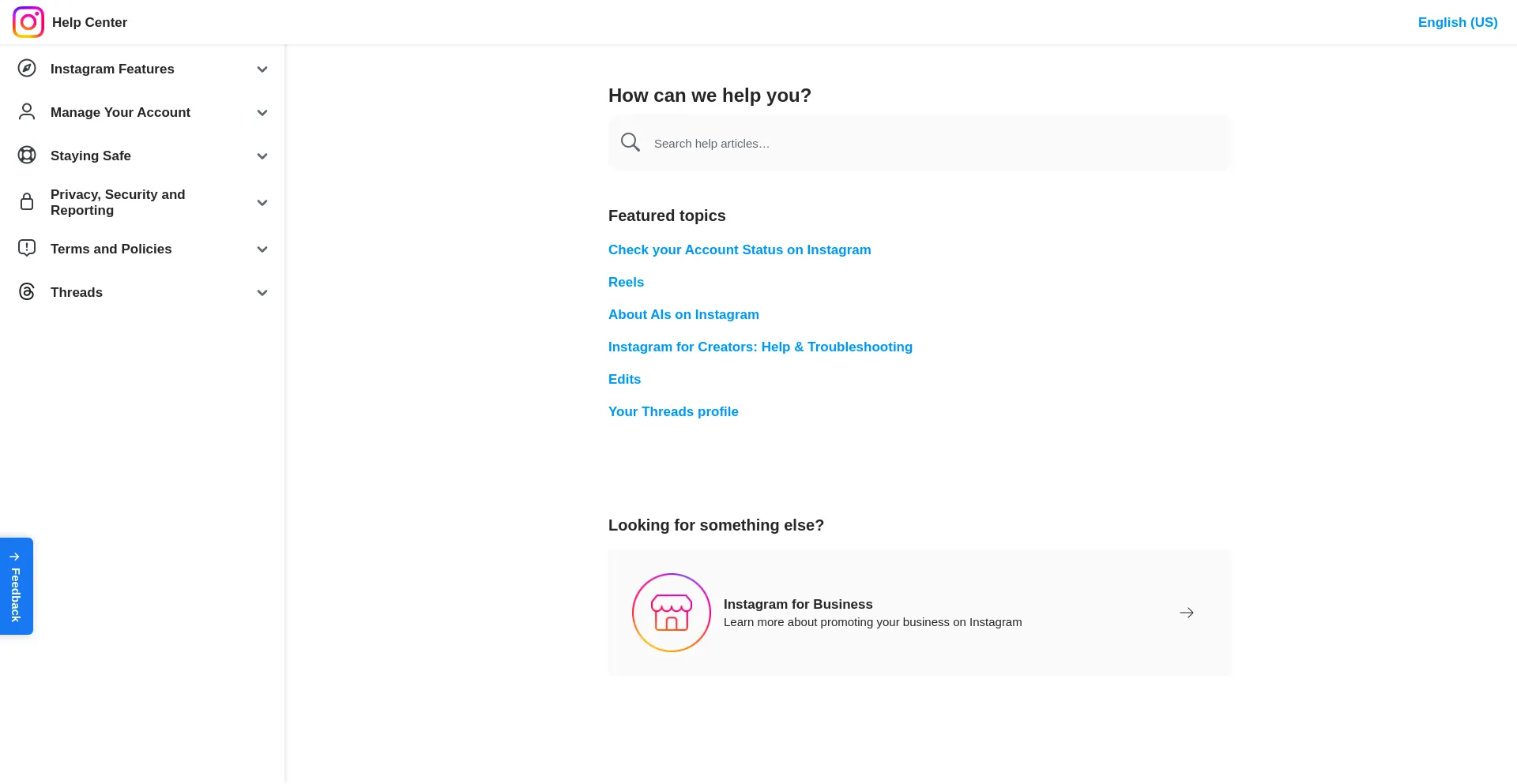 Website screenshot of Help.instagram.com