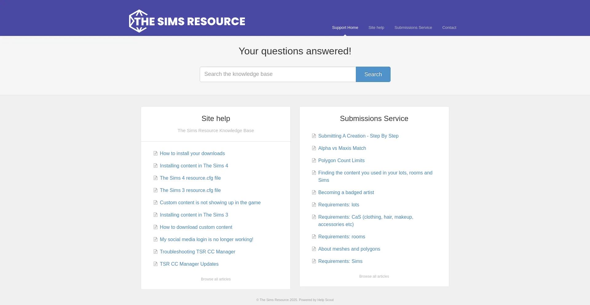 Website screenshot of Help.thesimsresource.com