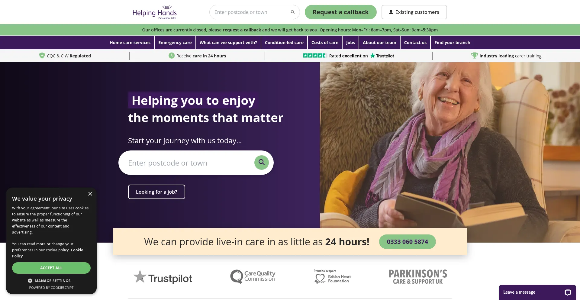 Website screenshot of Helpinghands.co.uk