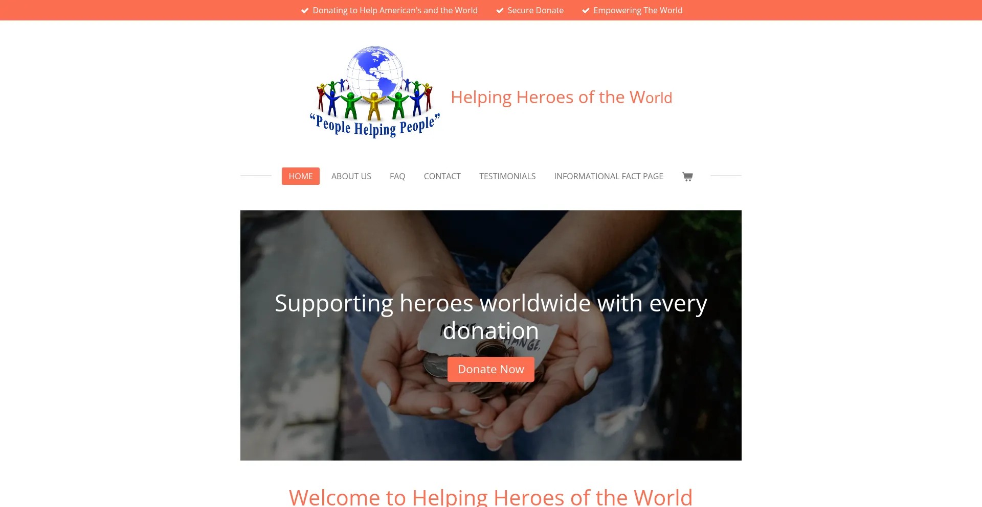 Website screenshot of Helpingheroesoftheworld.org