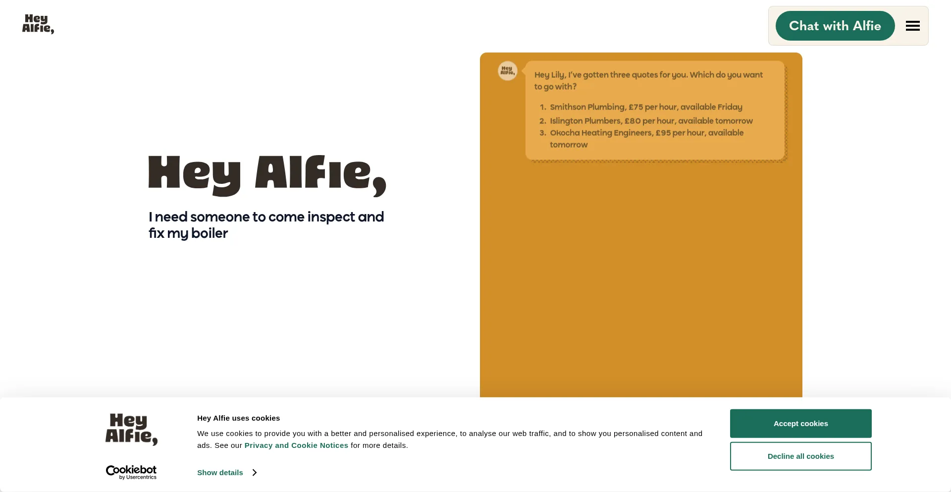 Website screenshot of Heyalfie.com