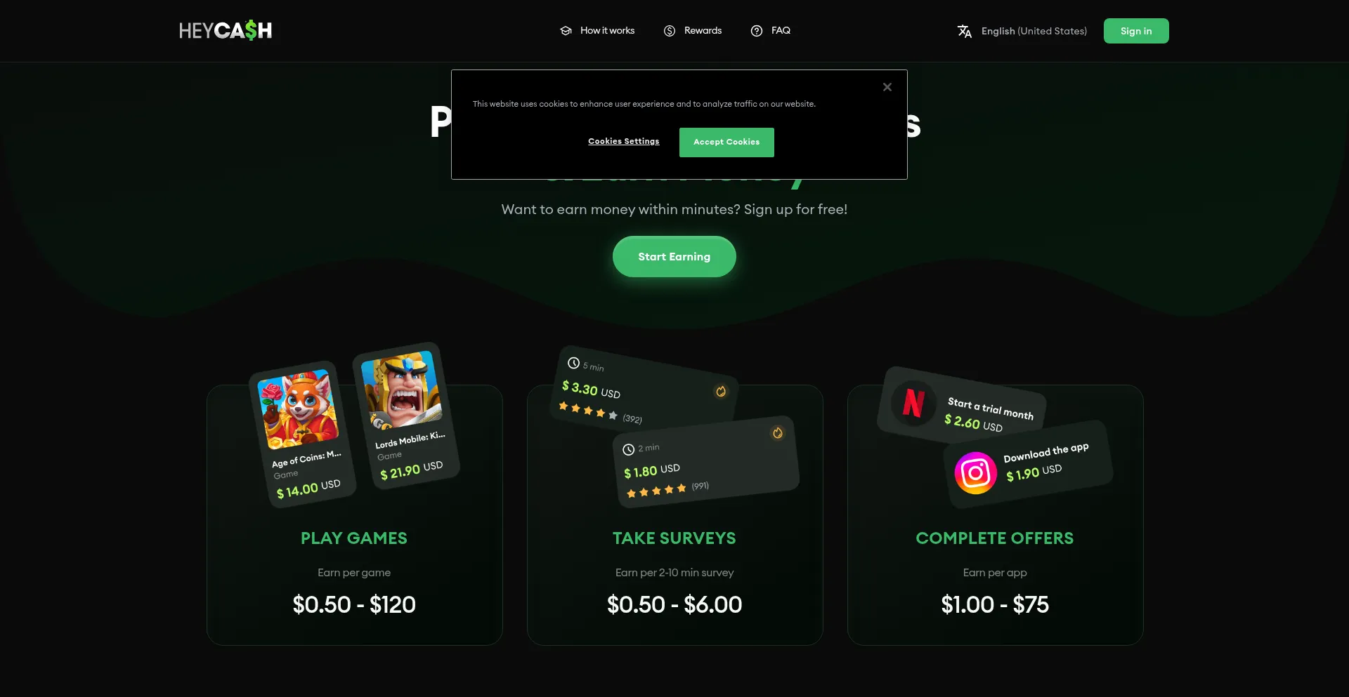 Website screenshot of Heycash.com