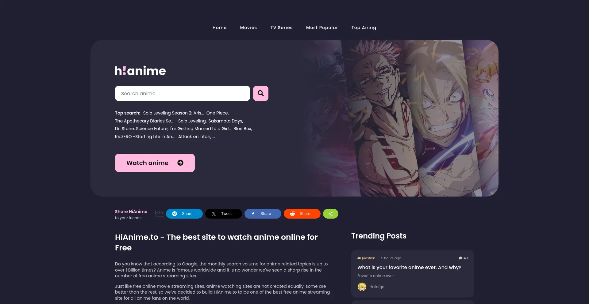 Website screenshot of Hianime.bz