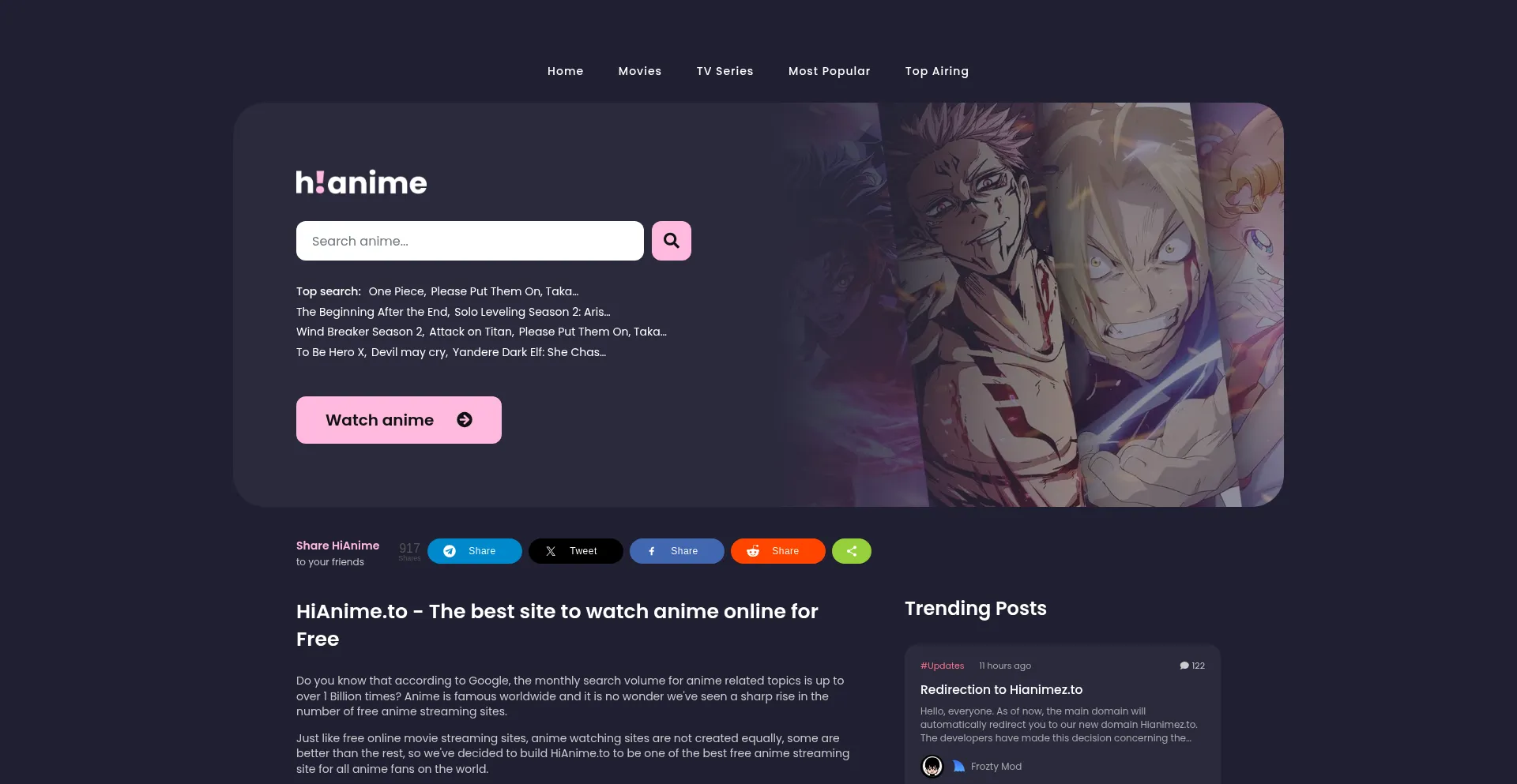 Website screenshot of Hianimez.to