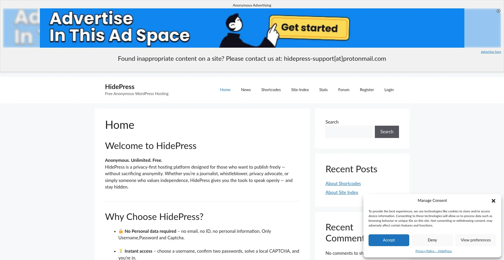 Website screenshot of Hidepress.to