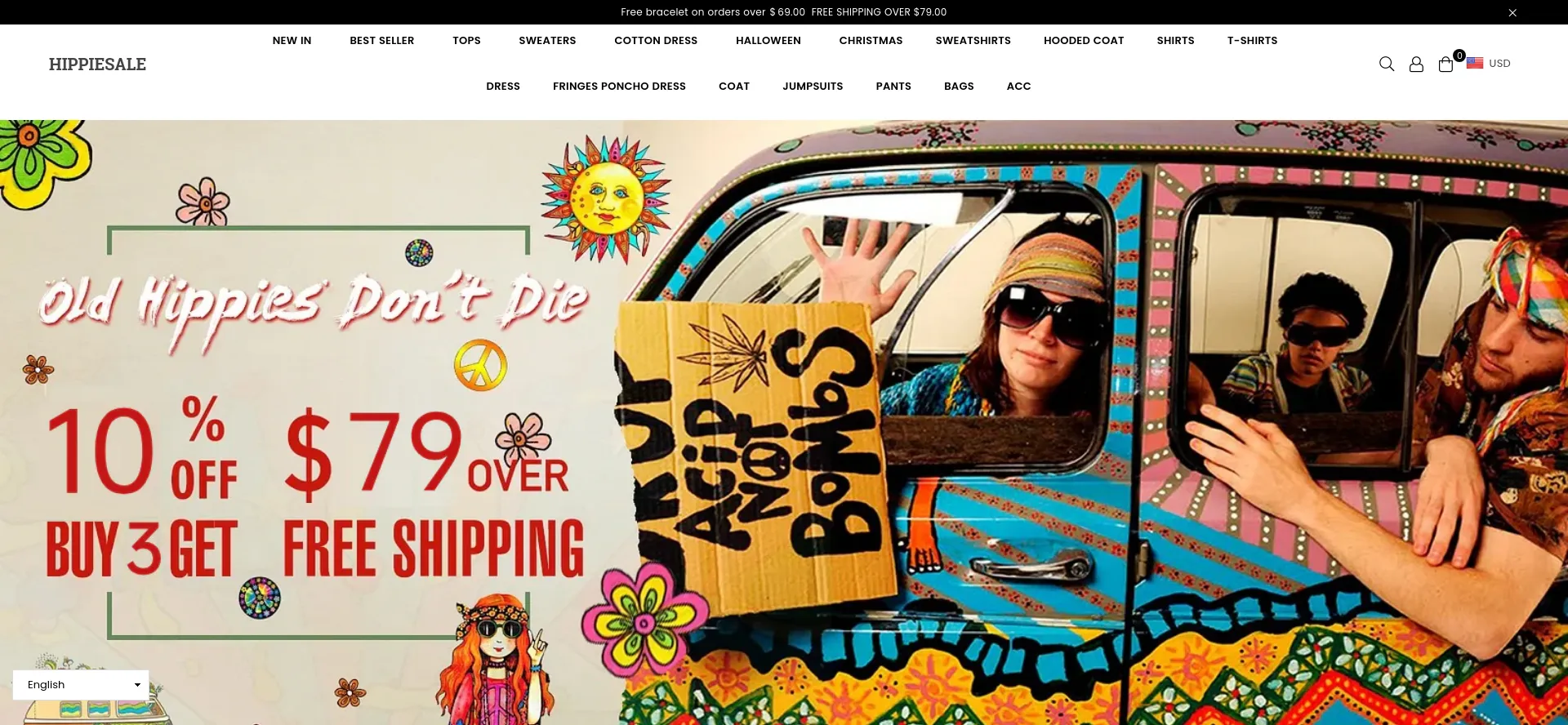 Website screenshot of Hippiesale.com