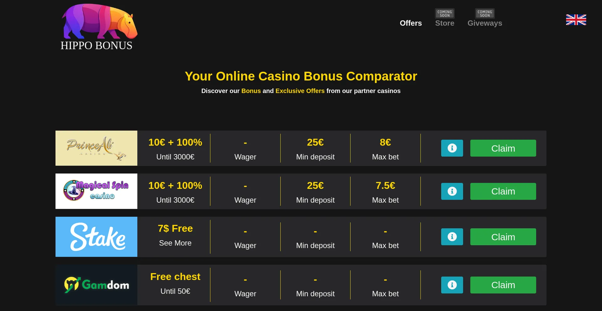 Website screenshot of Hippobonus.com