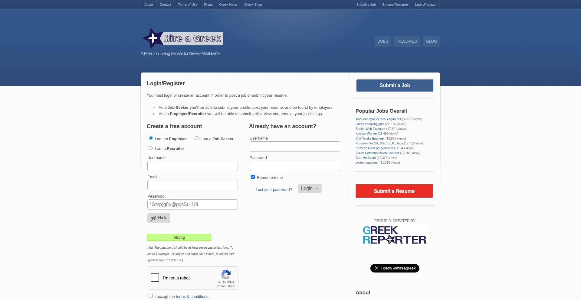 Website screenshot of Hireagreek.com