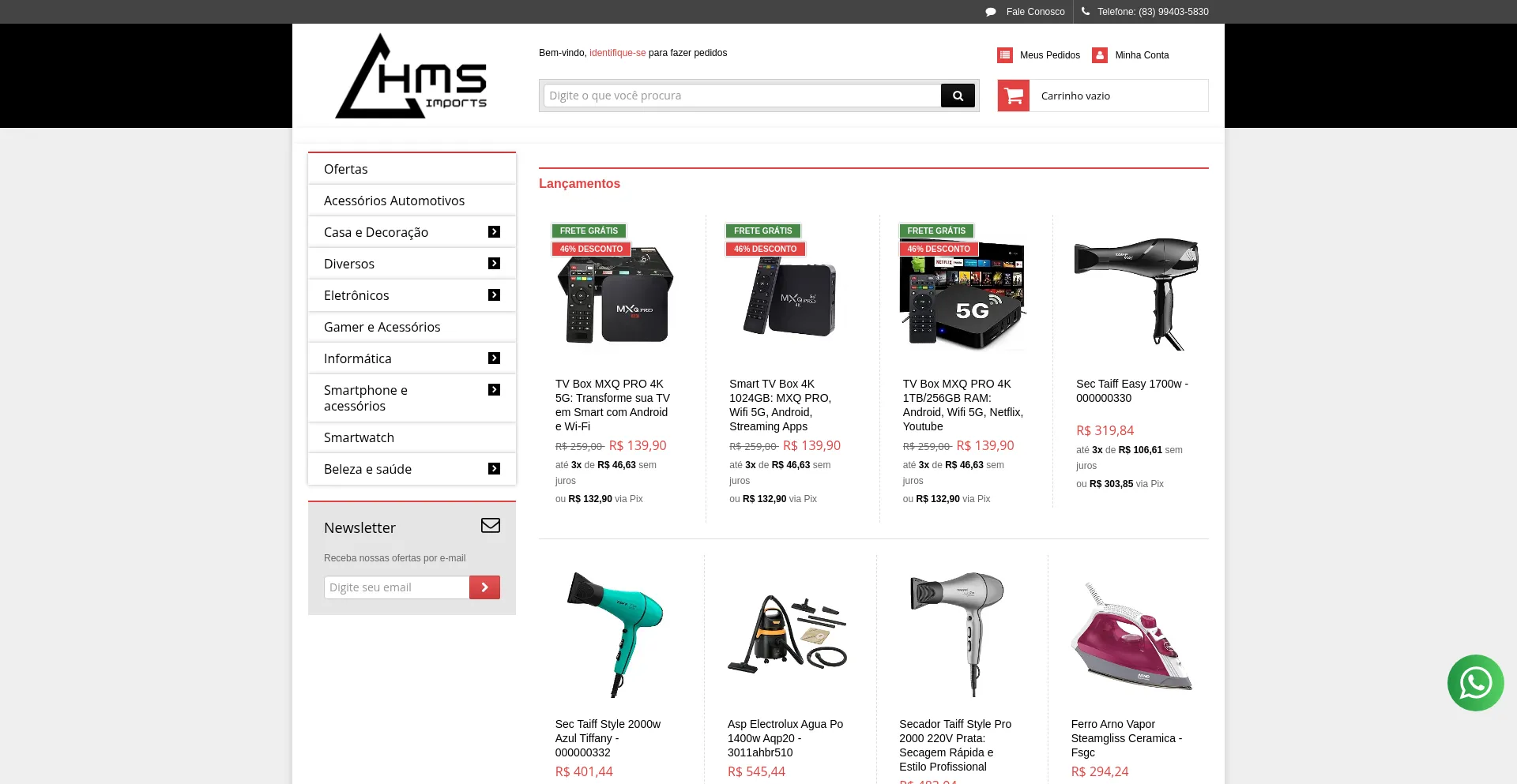 Website screenshot of Hmsimports.com.br