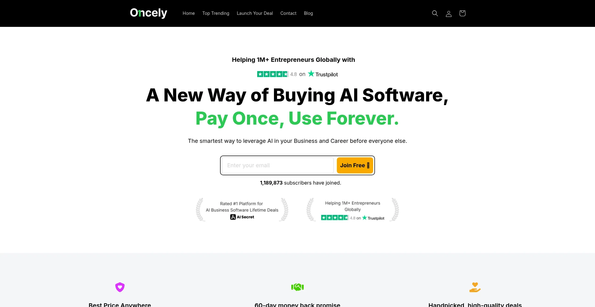 Website screenshot of Home.oncely.com