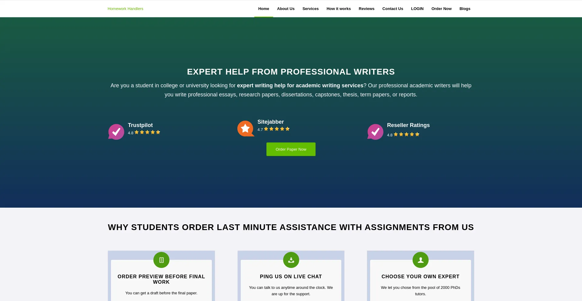 Website screenshot of Homeworkhandlers.com