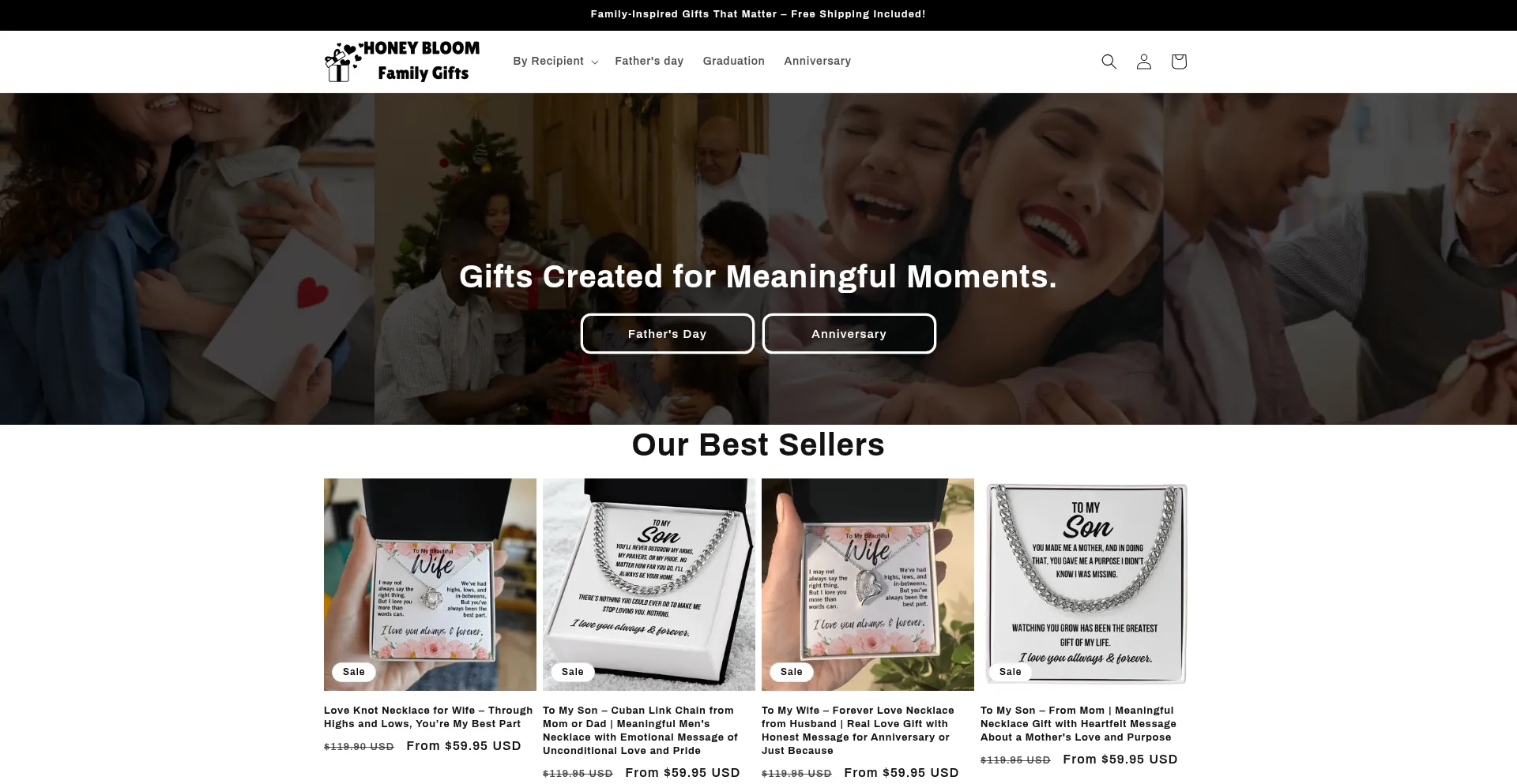 Website screenshot of Honeybloomfamilygifts.com