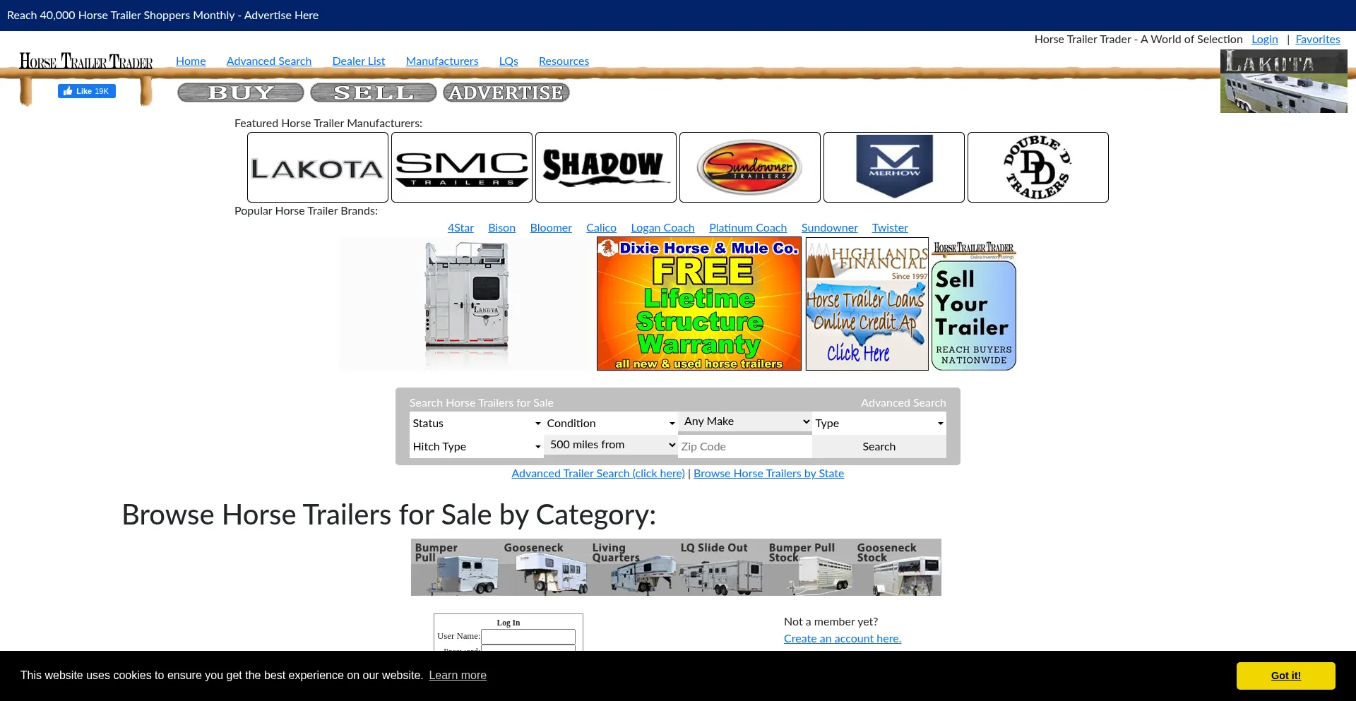Website screenshot of Horsetrailertrader.com