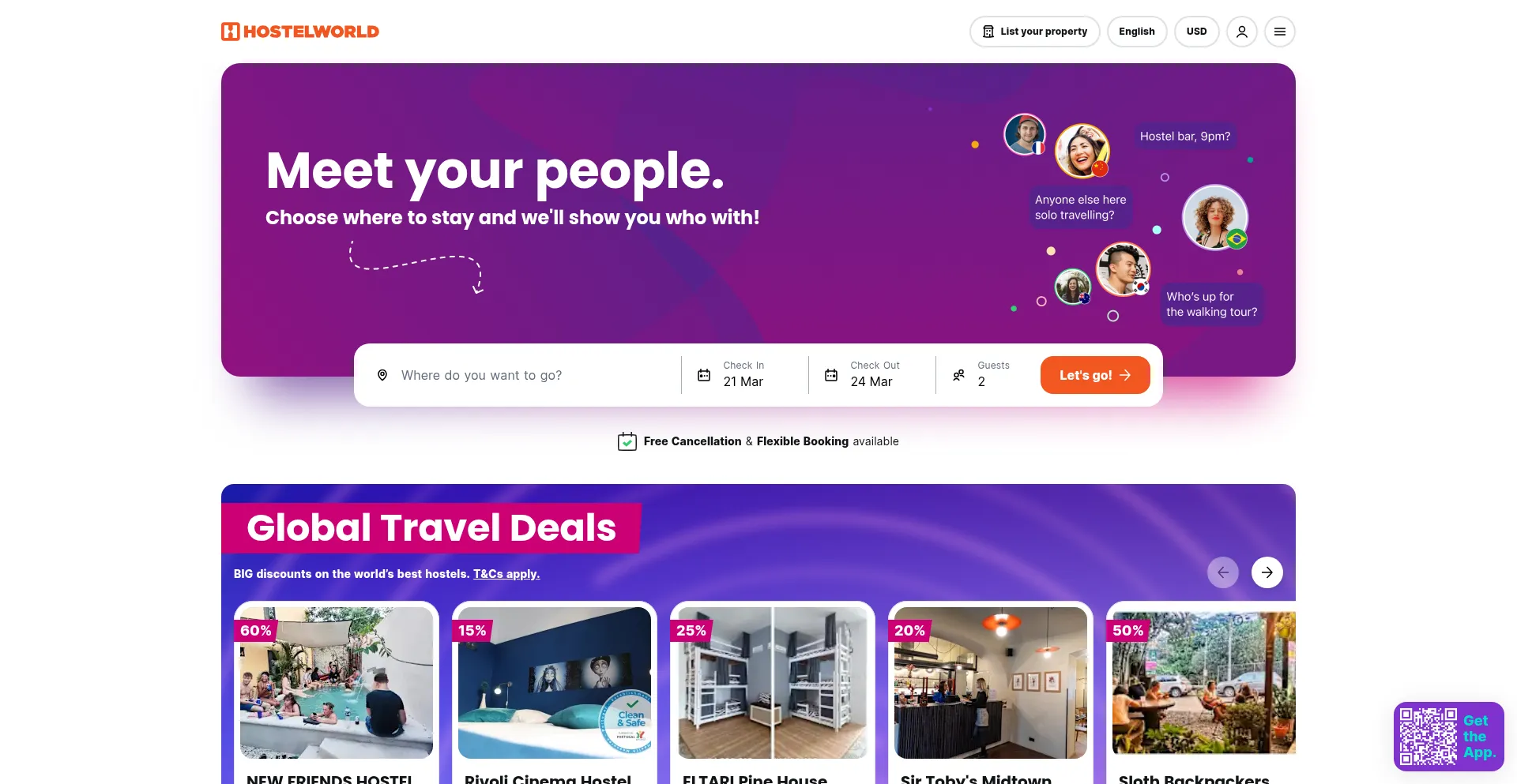 Website screenshot of Hostelworld.com
