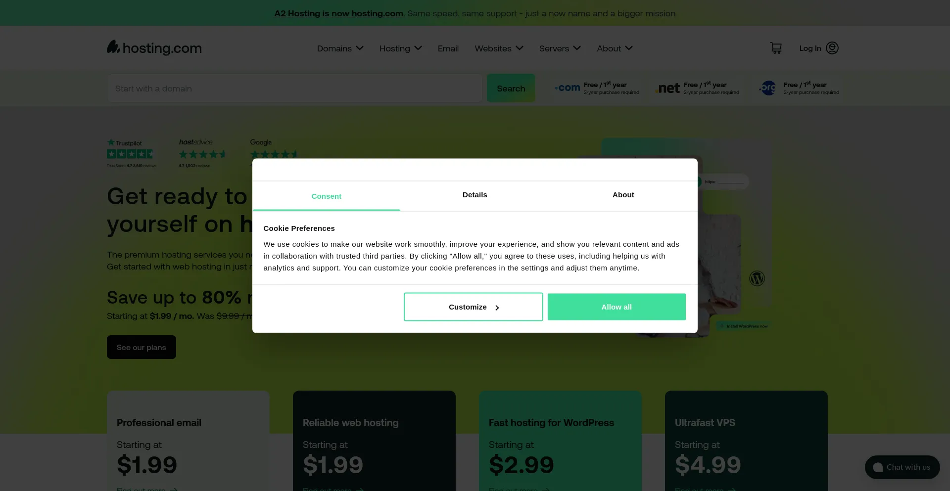 Website screenshot of Hosting.com