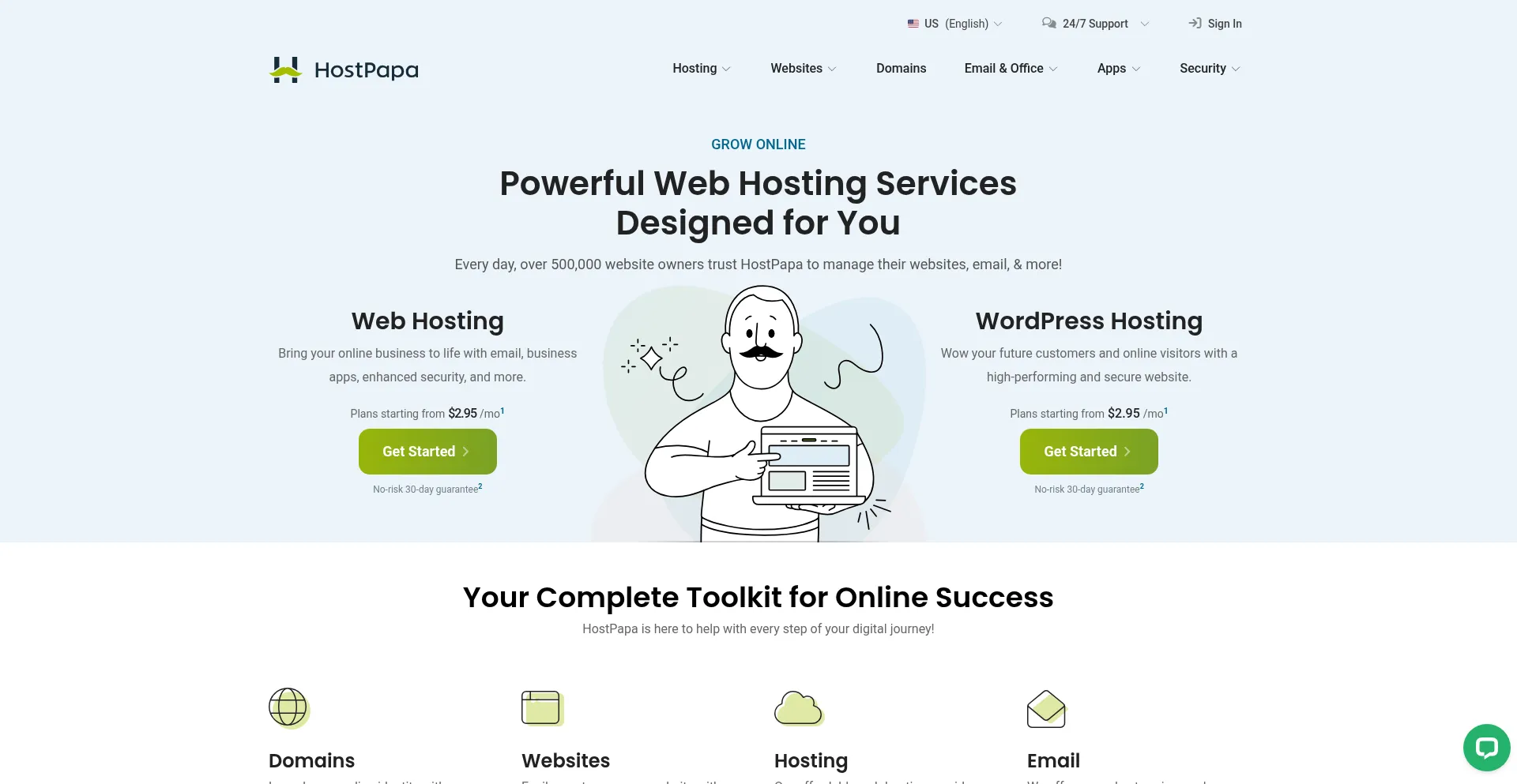 Website screenshot of Hostpapa.com