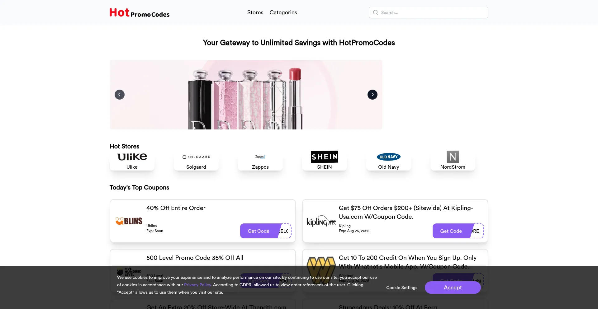 Website screenshot of Hotpromocodes.com