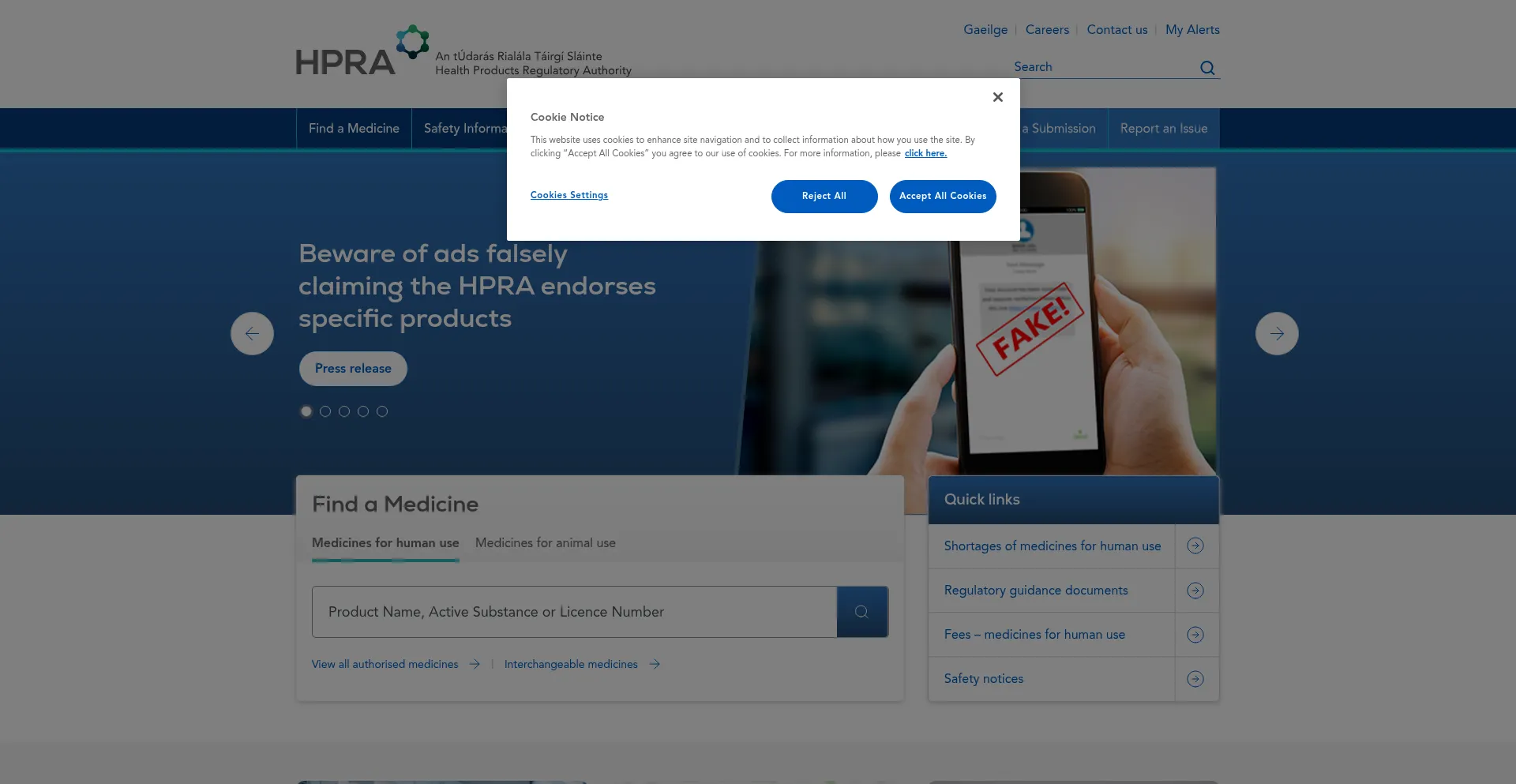 Website screenshot of Hpra.ie