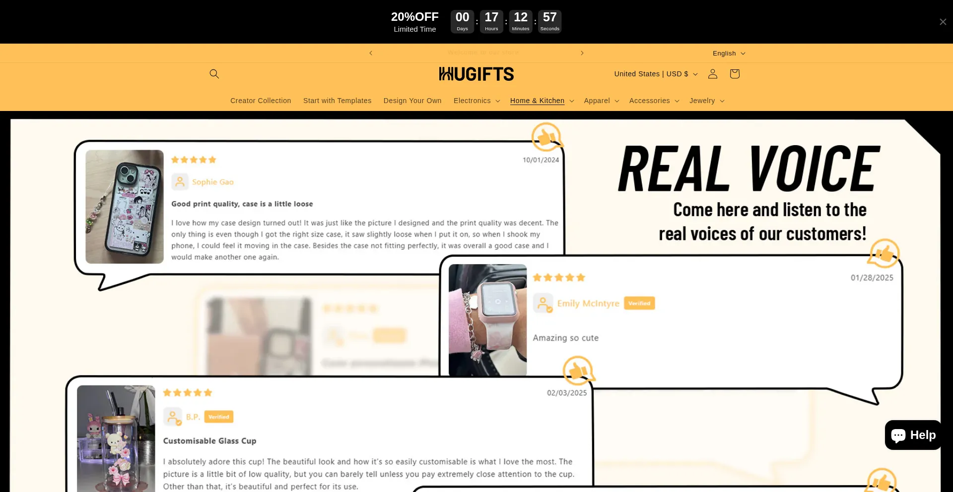 Website screenshot of Hugifts.com