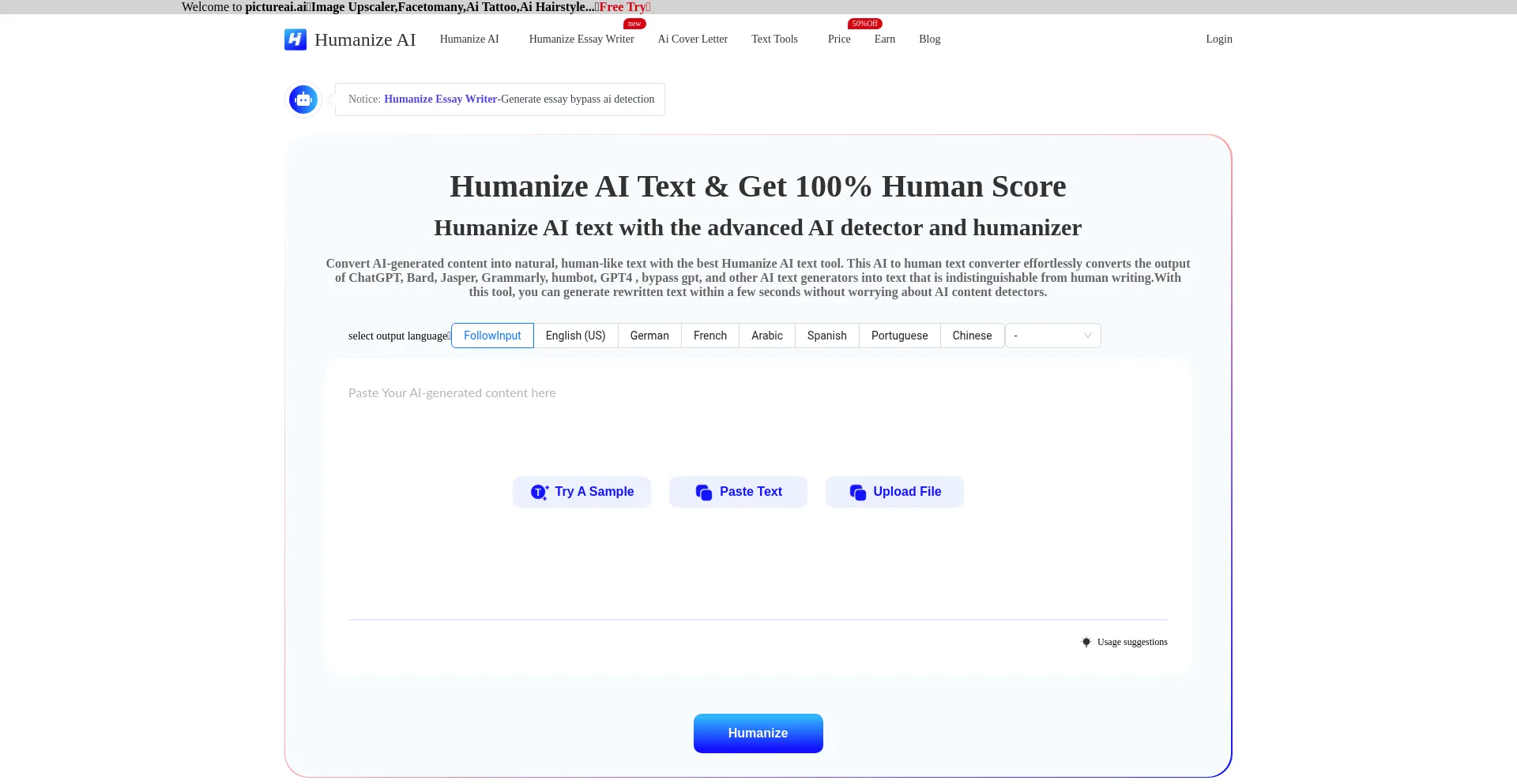 Website screenshot of Humanizeai.tools