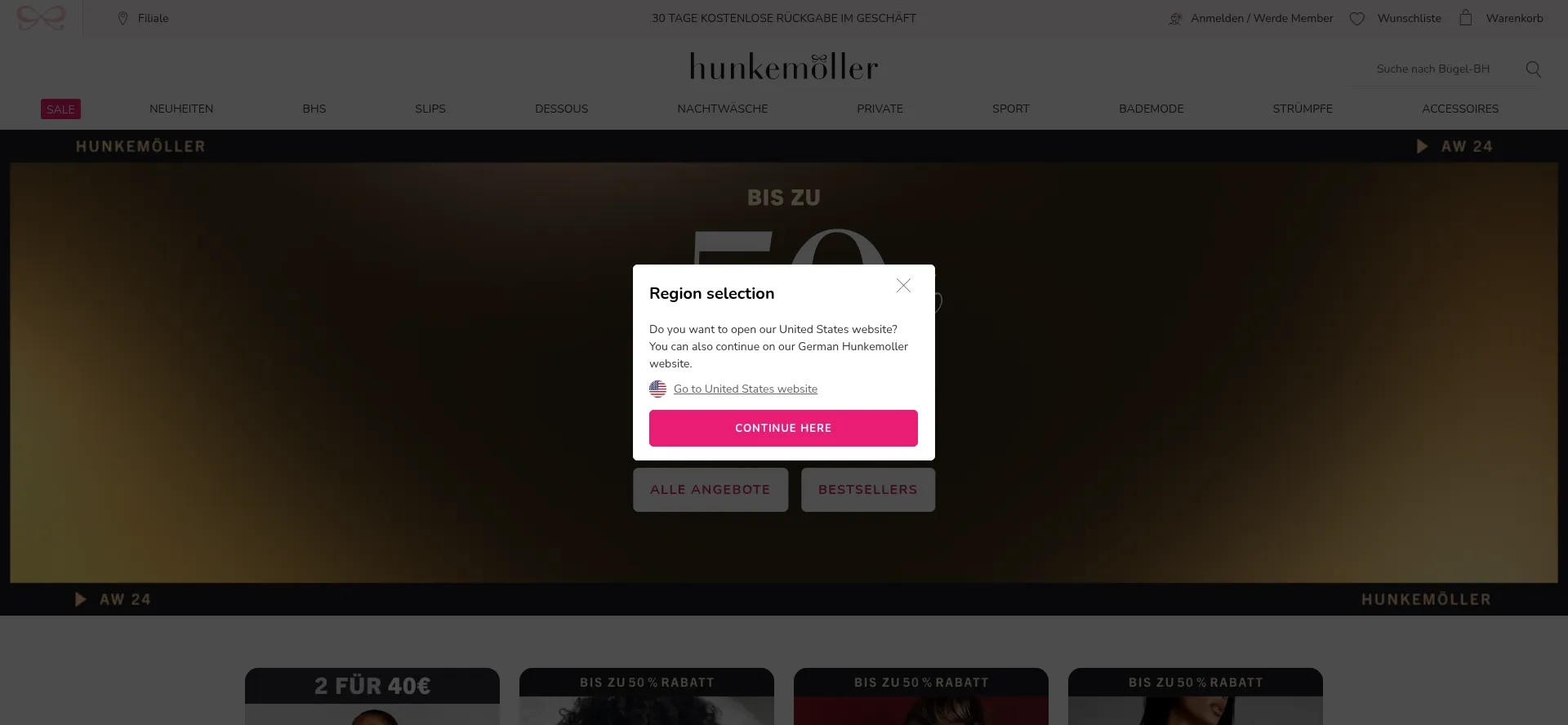 Website screenshot of Hunkemoller.de
