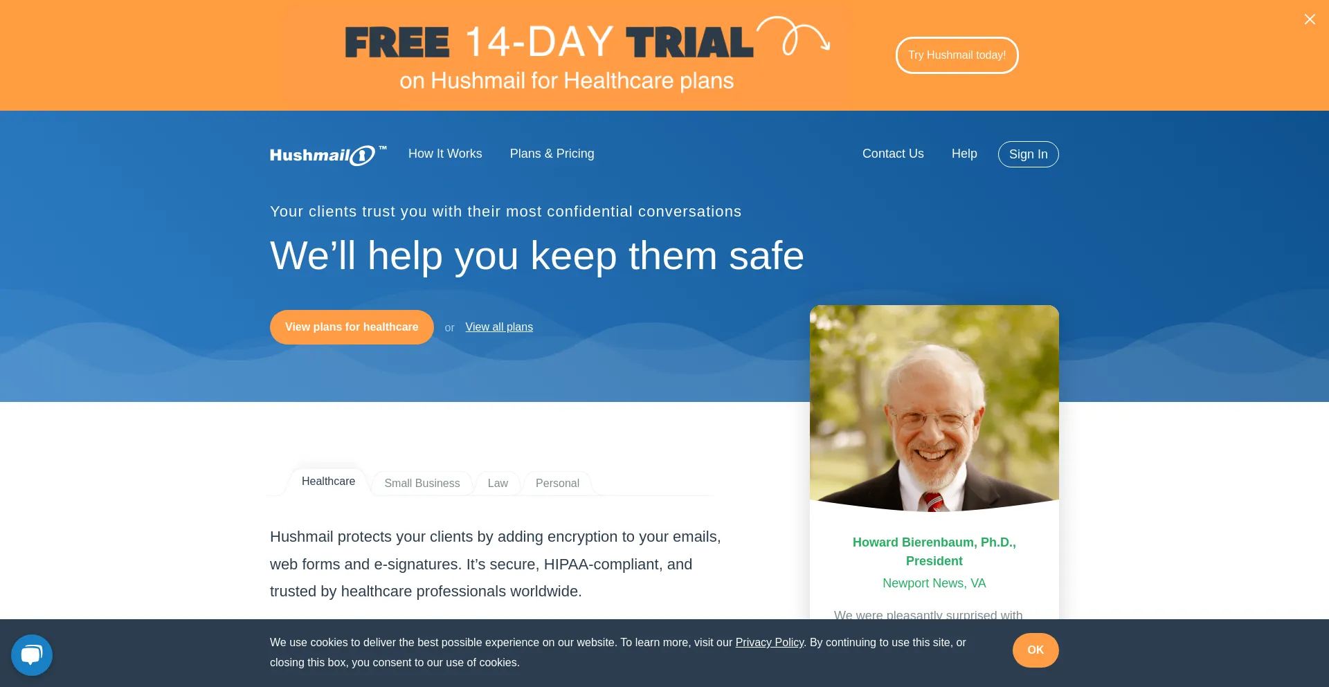 Website screenshot of Hushmail.com