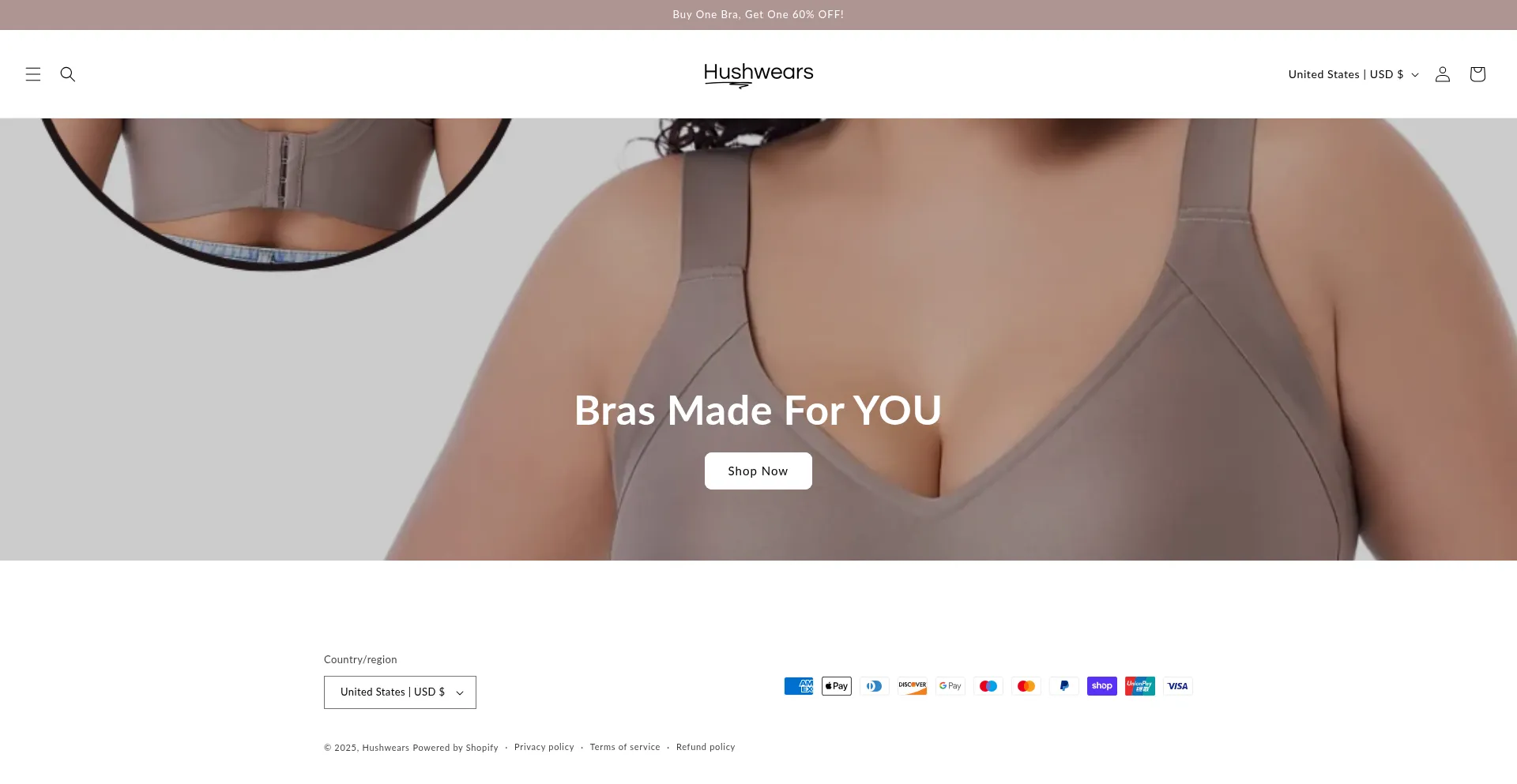 Website screenshot of Hushwears.com