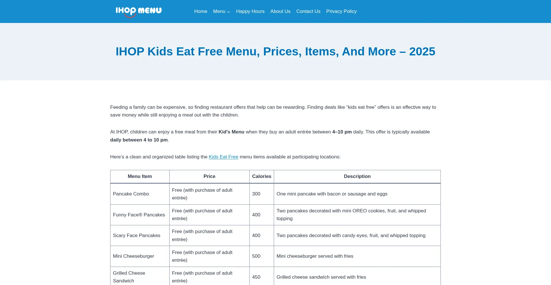 Website screenshot of Ihopkidseatfree.com