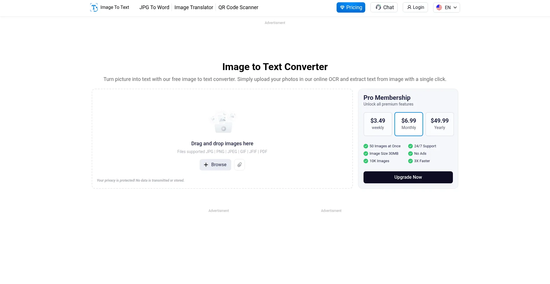 Website screenshot of Imagetotext.io
