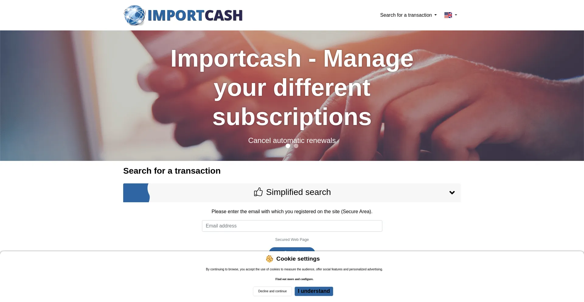 Website screenshot of Importcash.fr