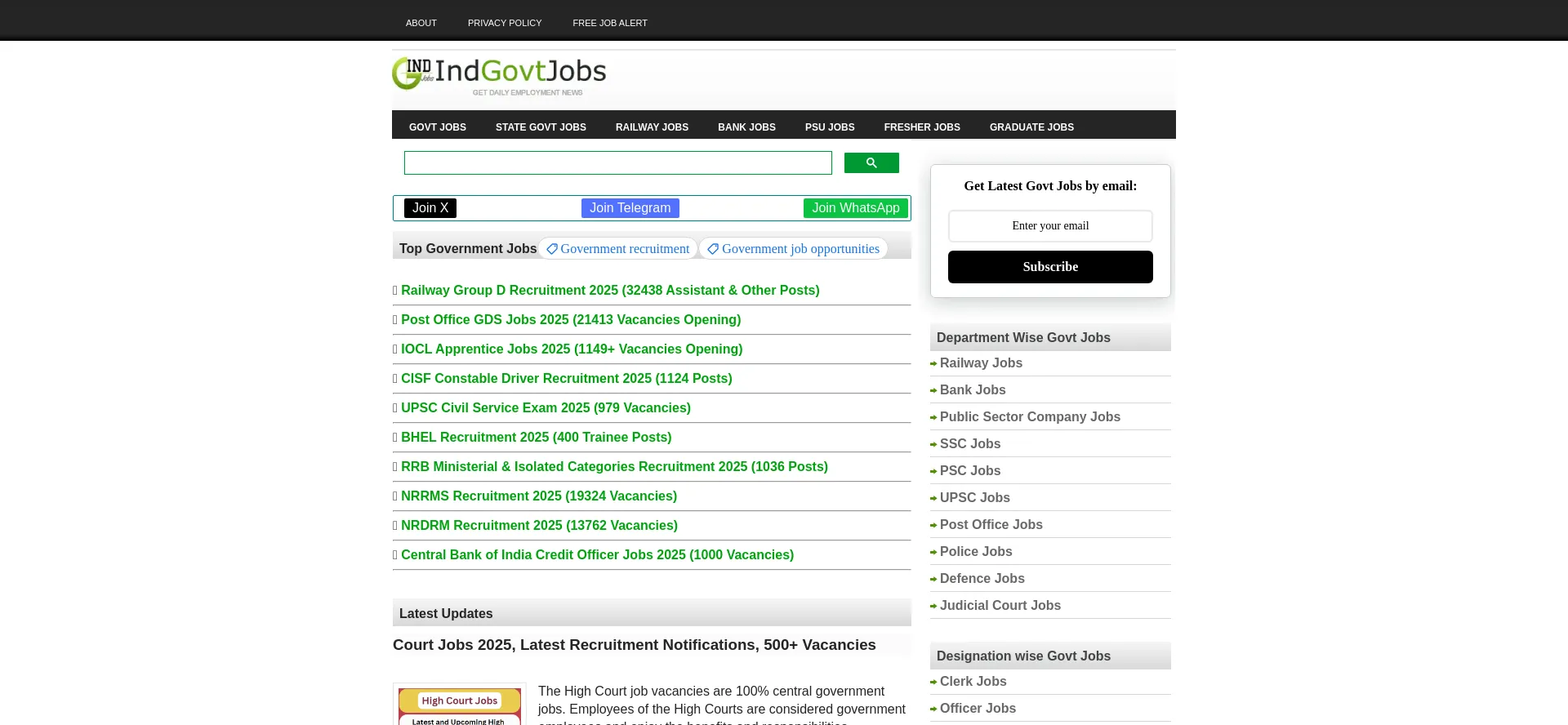 Website screenshot of Indgovtjobs.in