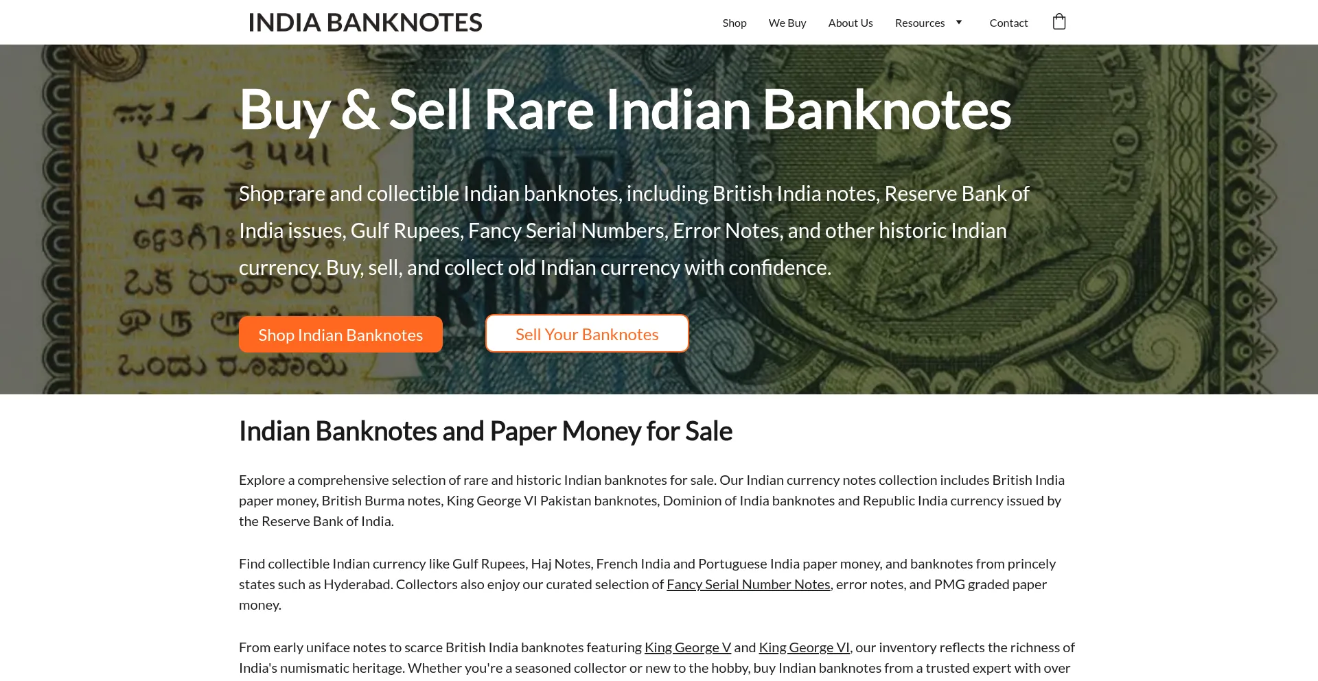 Website screenshot of Indiabanknotes.com