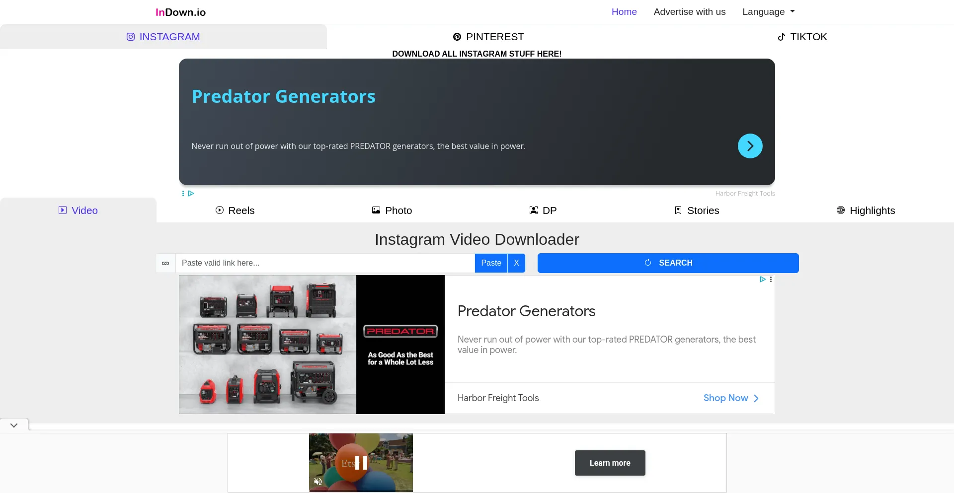 Website screenshot of Indown.io