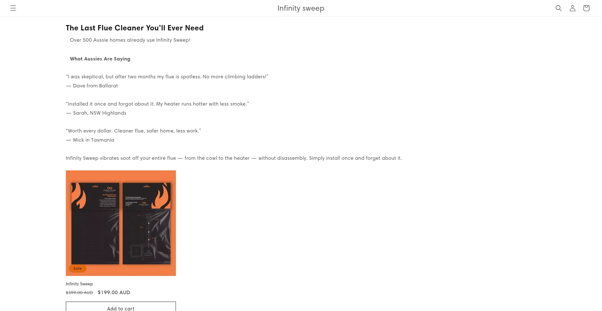 Website screenshot of Infinitysweep.com