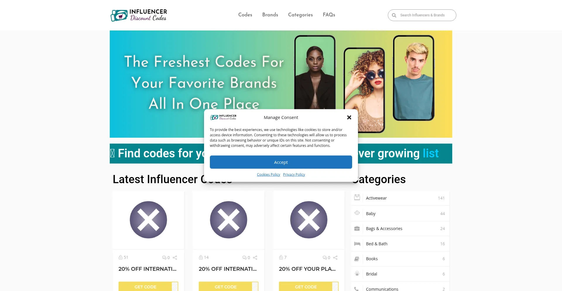 Website screenshot of Influencerdiscountcodes.com