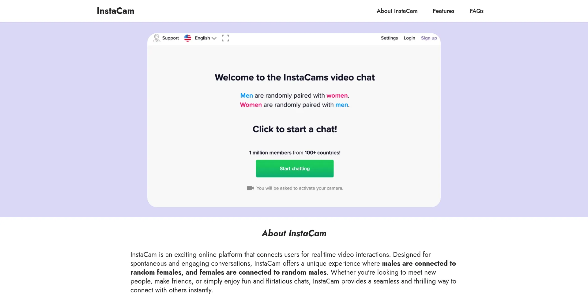 Website screenshot of Instacam.us