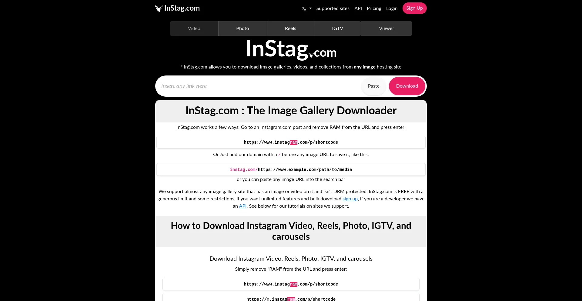 Website screenshot of Instag.com