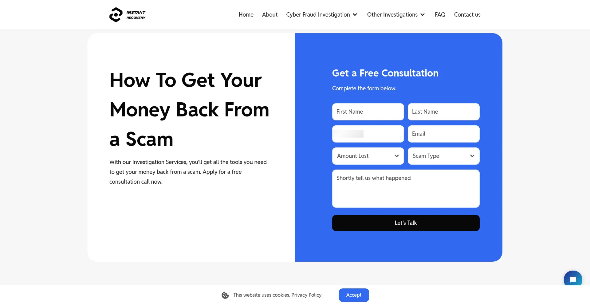 Website screenshot of Instant-recovery.com