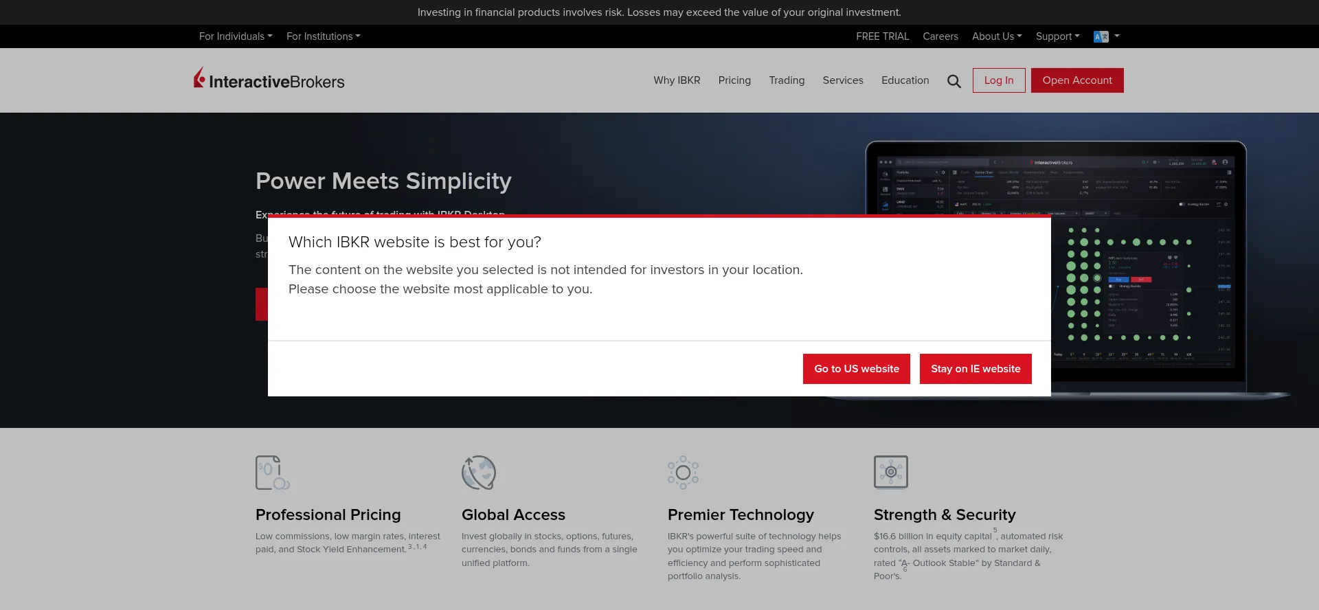 Website screenshot of Interactivebrokers.ie