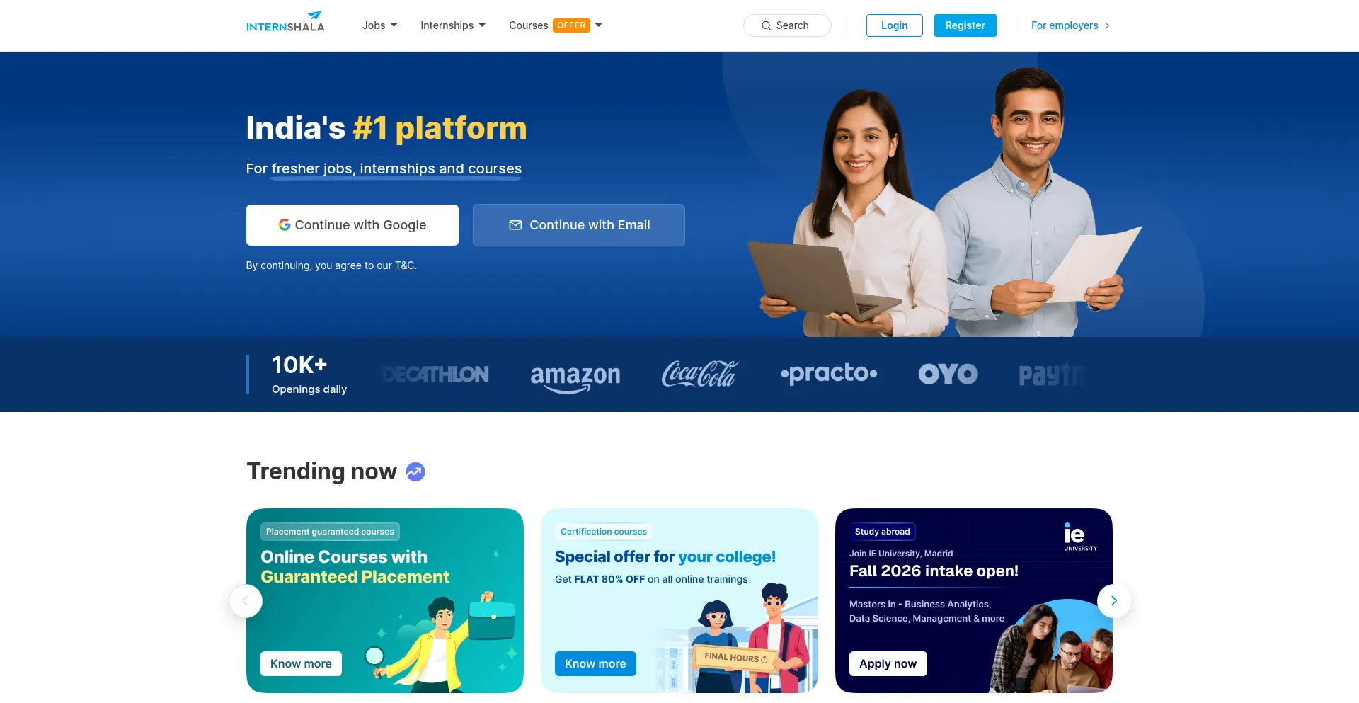 Website screenshot of Internshala.com