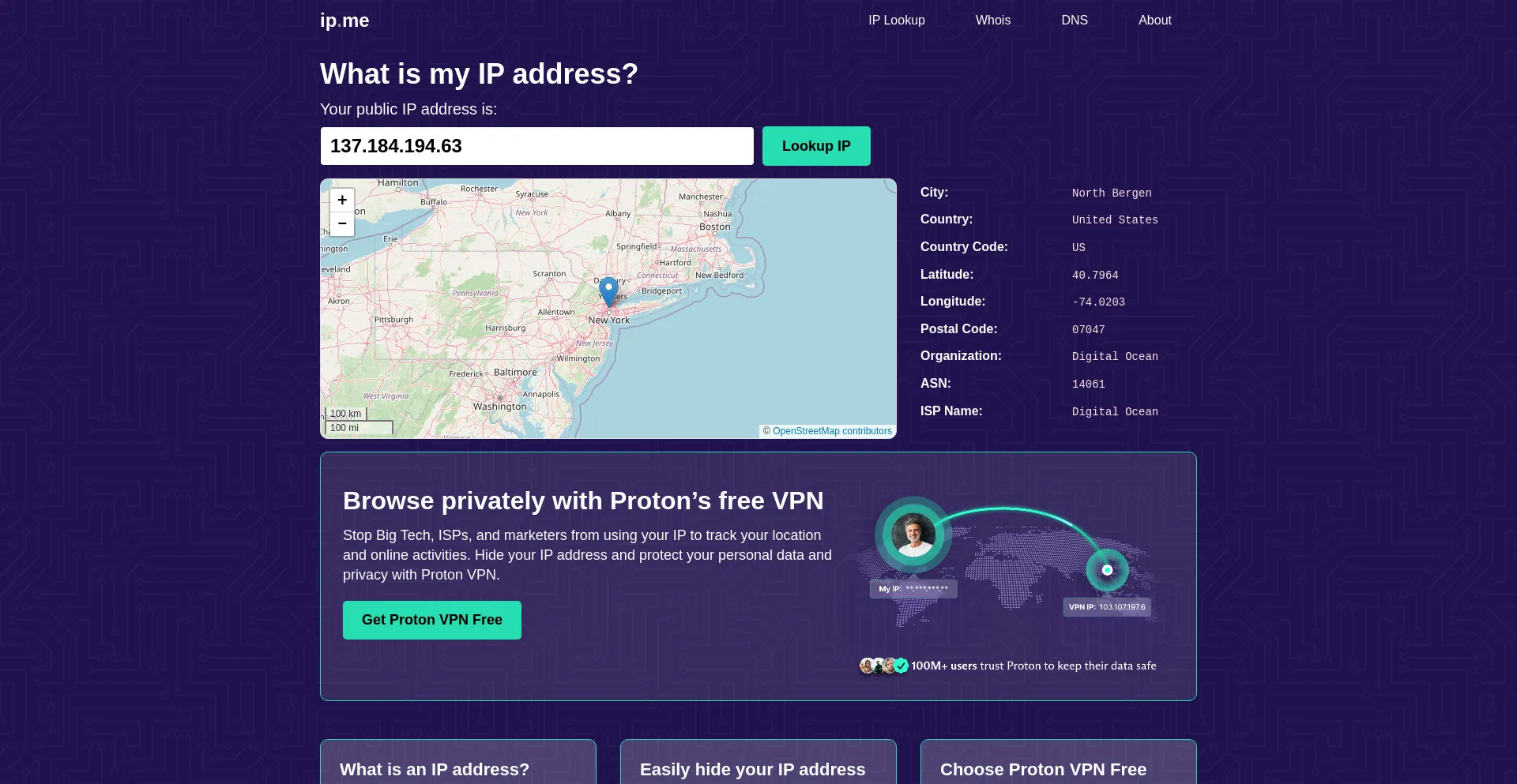 Website screenshot of Ip.me