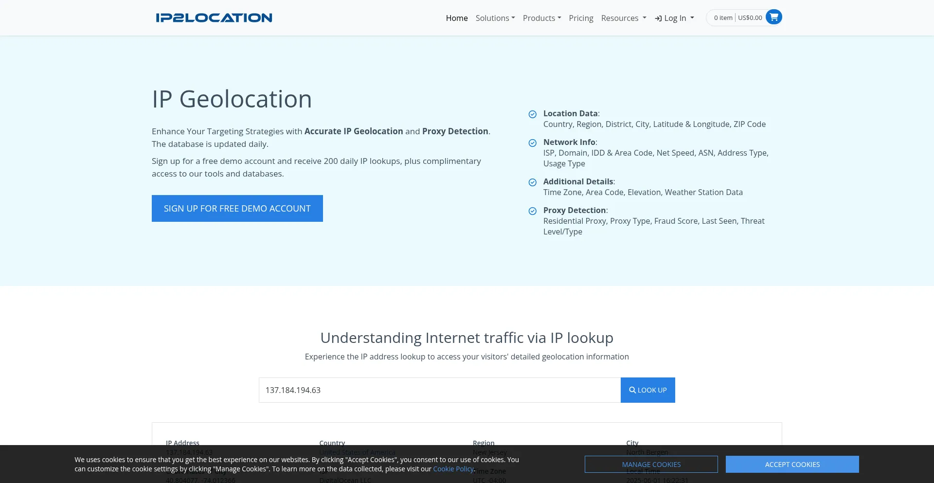 Website screenshot of Ip2location.com