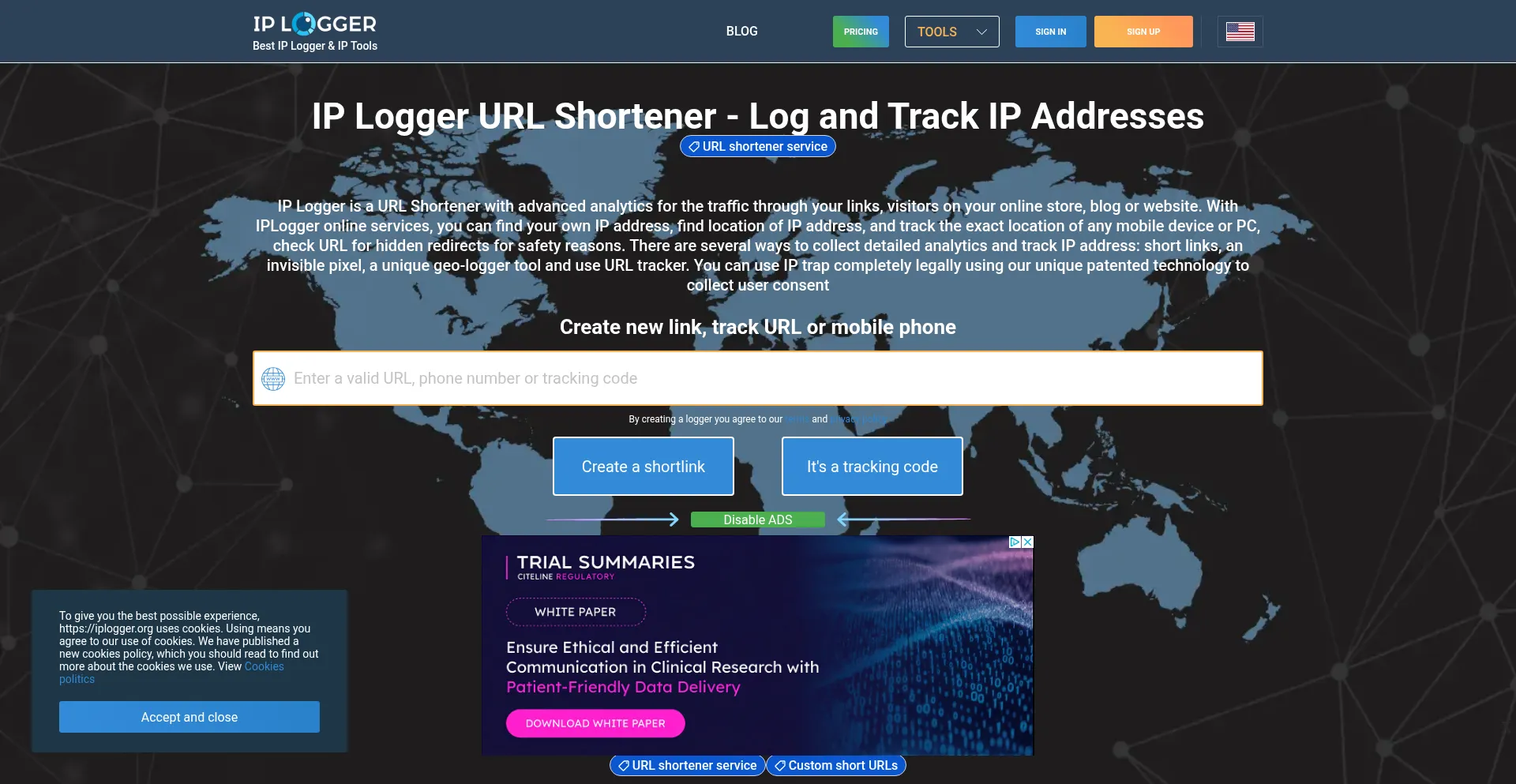 Website screenshot of Iplogger.com