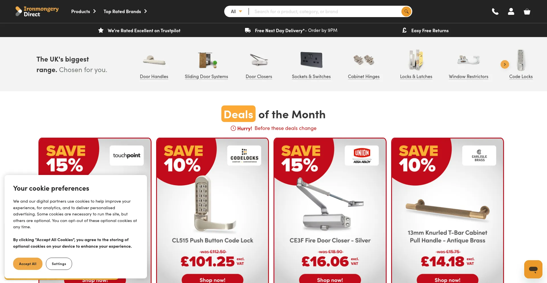 Website screenshot of Ironmongerydirect.co.uk