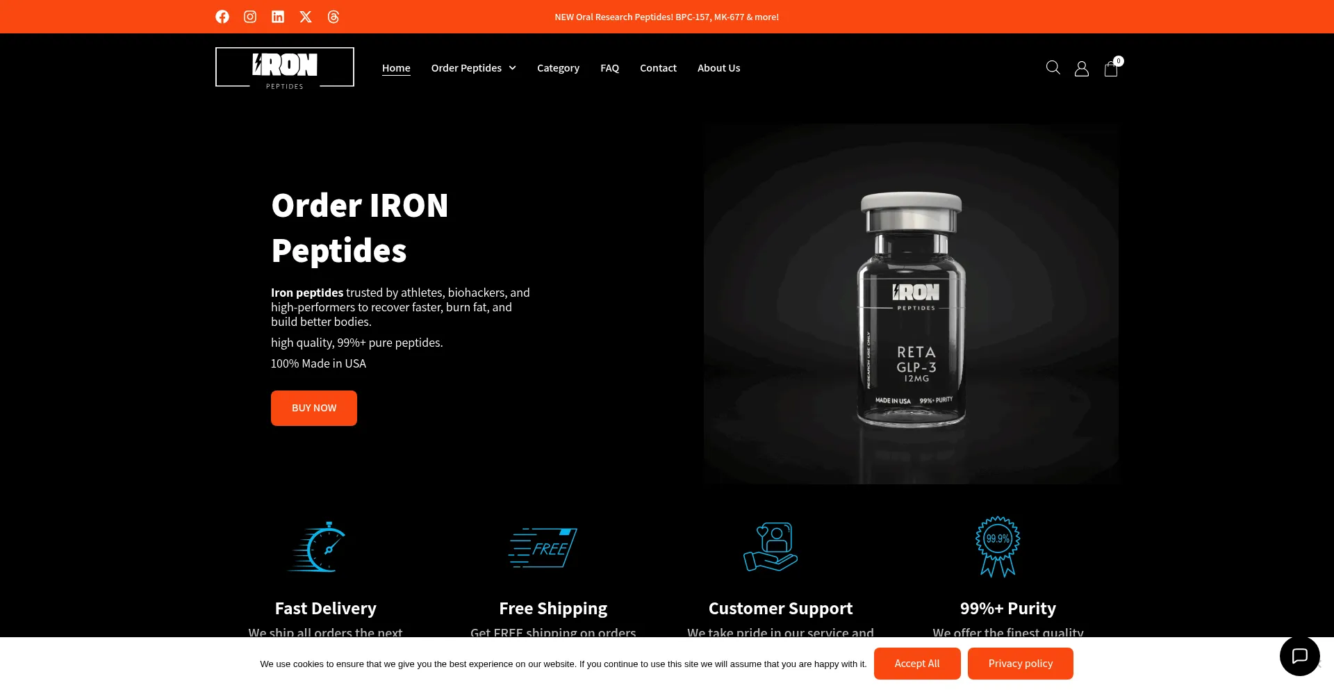 Website screenshot of Ironpeptides.com