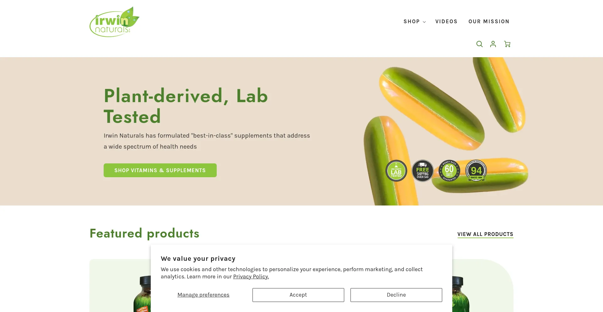 Website screenshot of Irwinnaturalssupplements.com