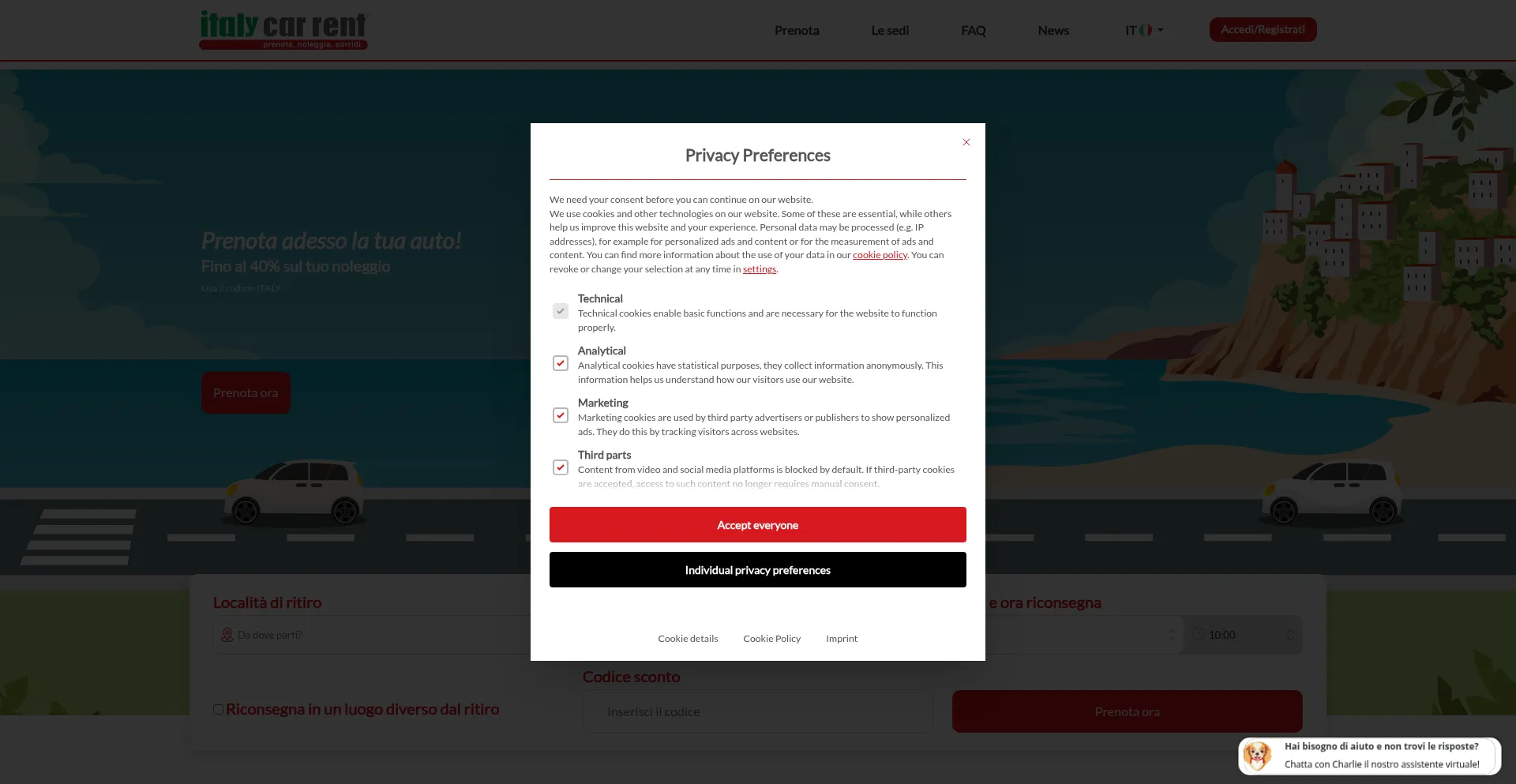 Website screenshot of Italycarrent.com