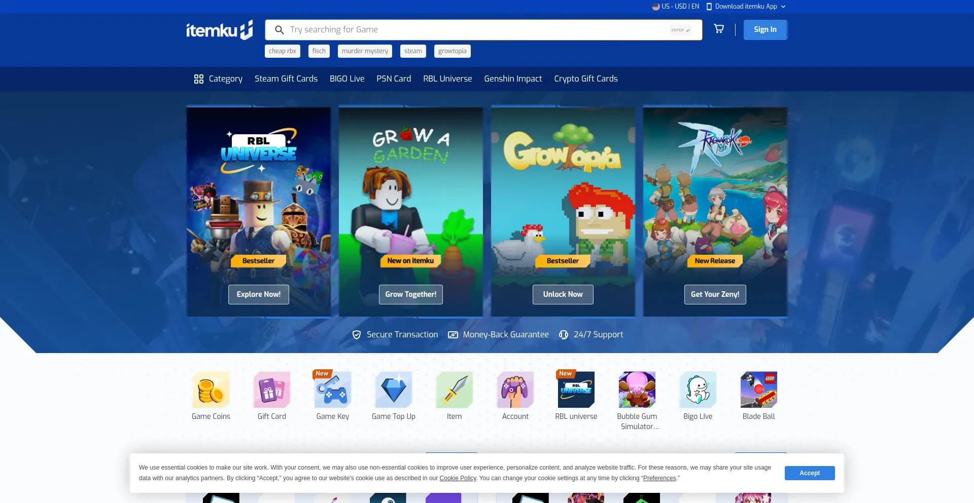 Website screenshot of Itemku.com