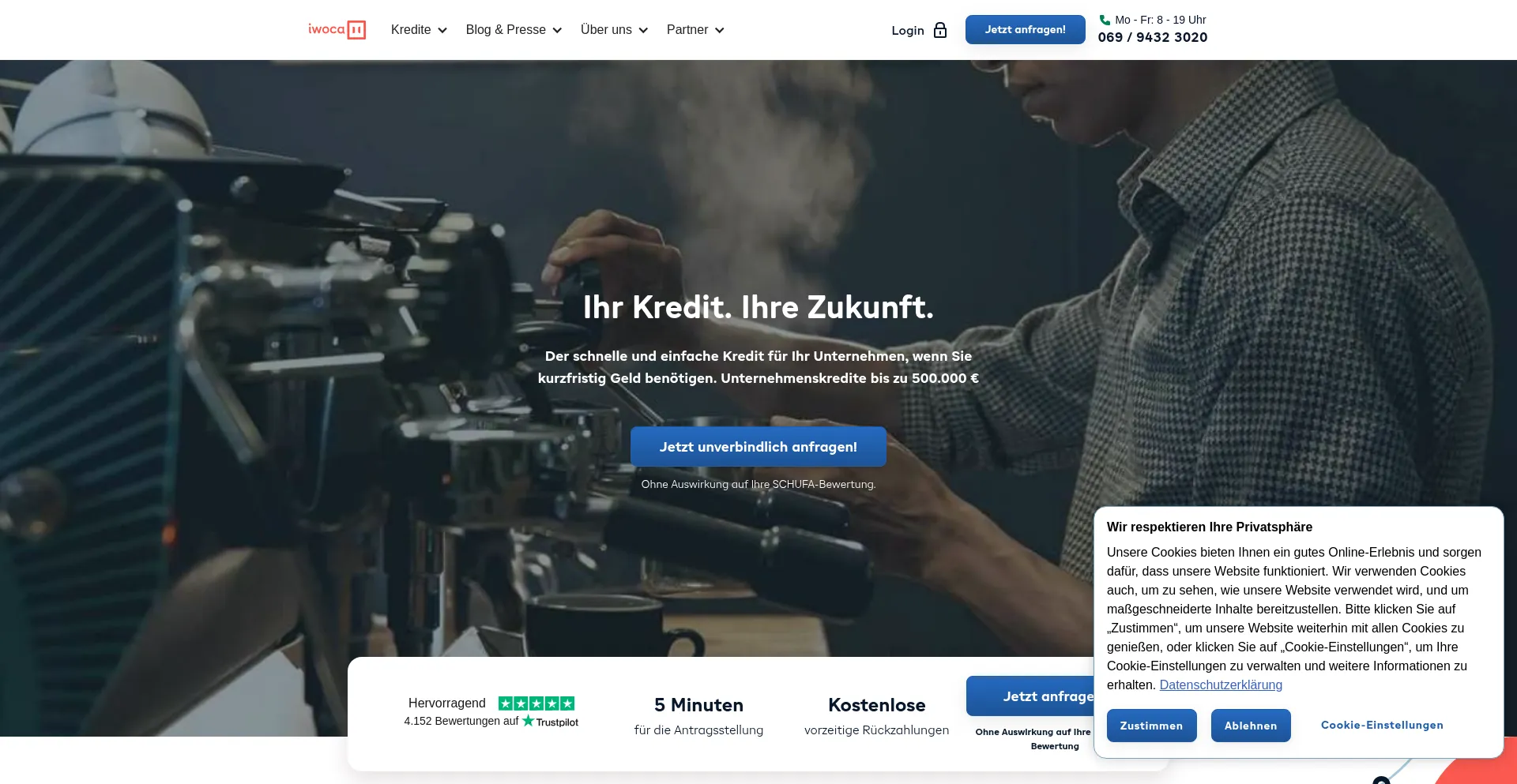 Website screenshot of Iwoca.de