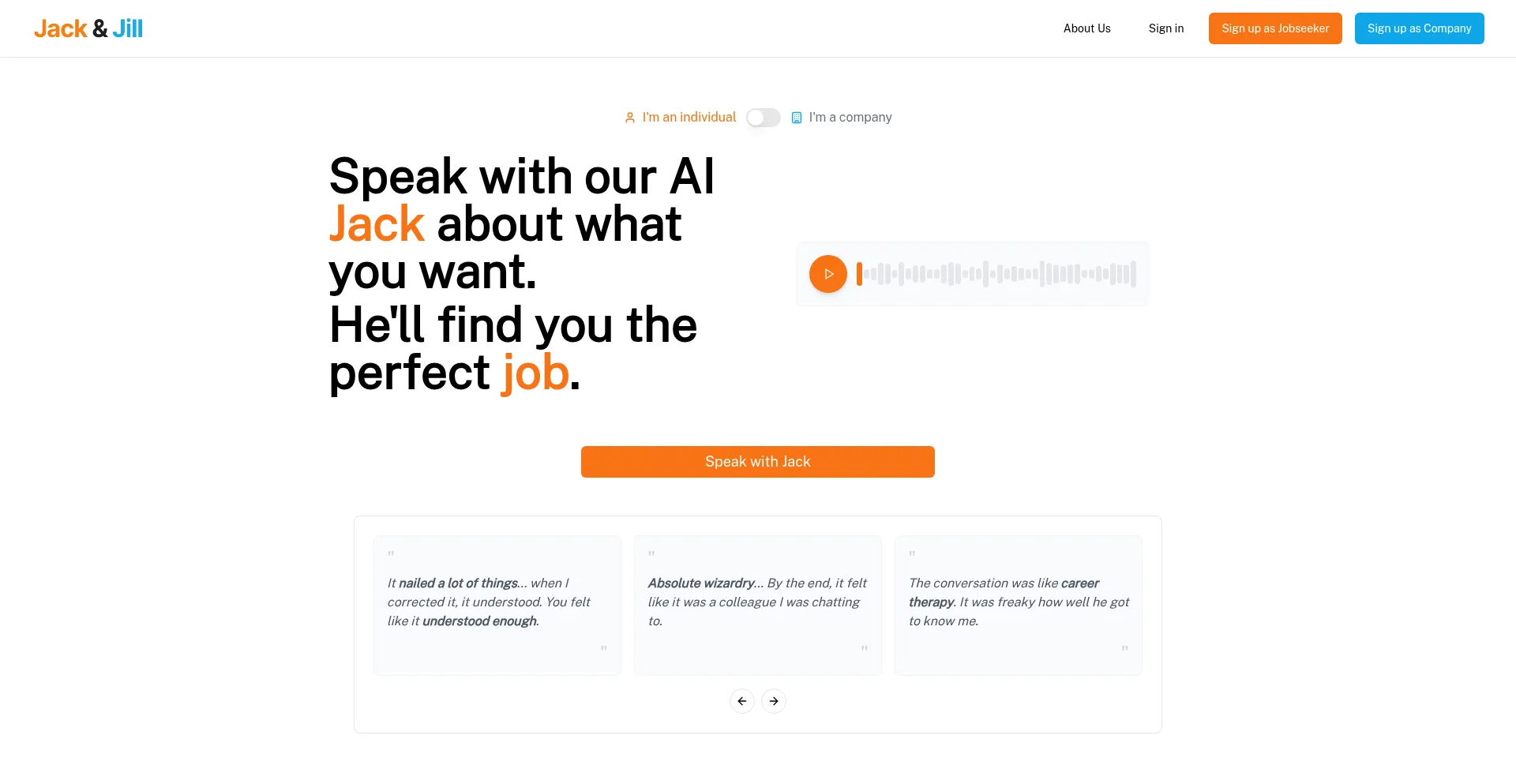 Website screenshot of Jackandjill.ai